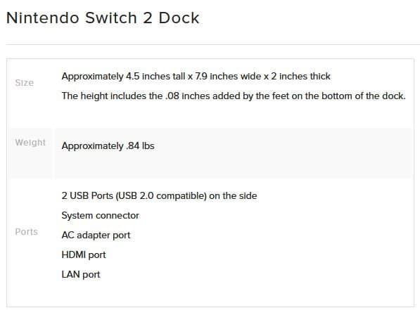 Switch 2 Dock Specs