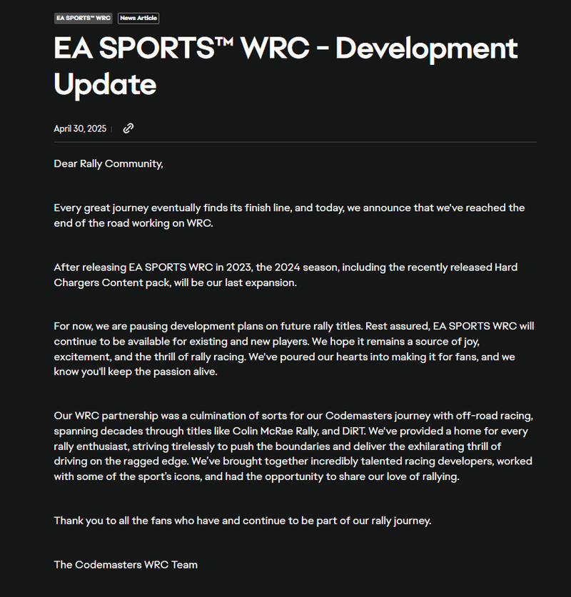 EA WRC Statement