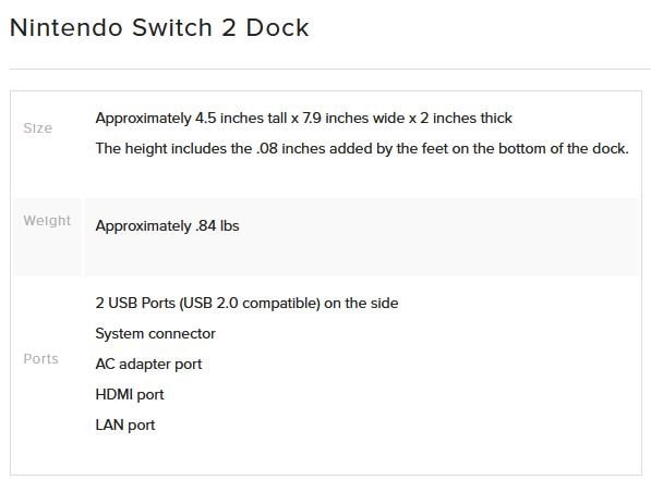 Switch 2 Dock Specs