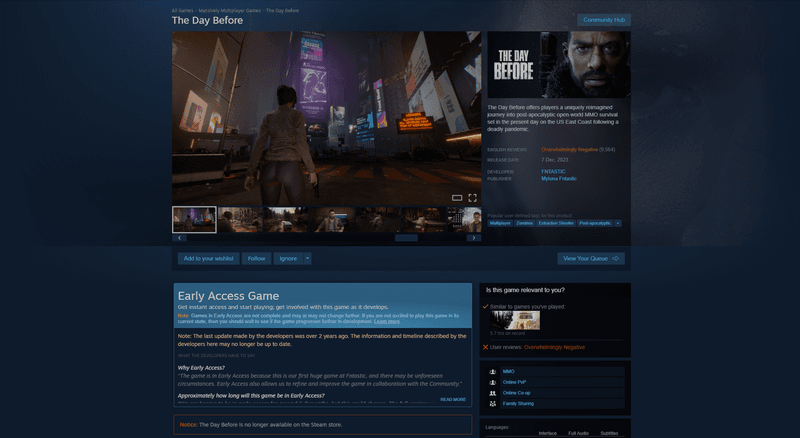 The Day Before Steam page